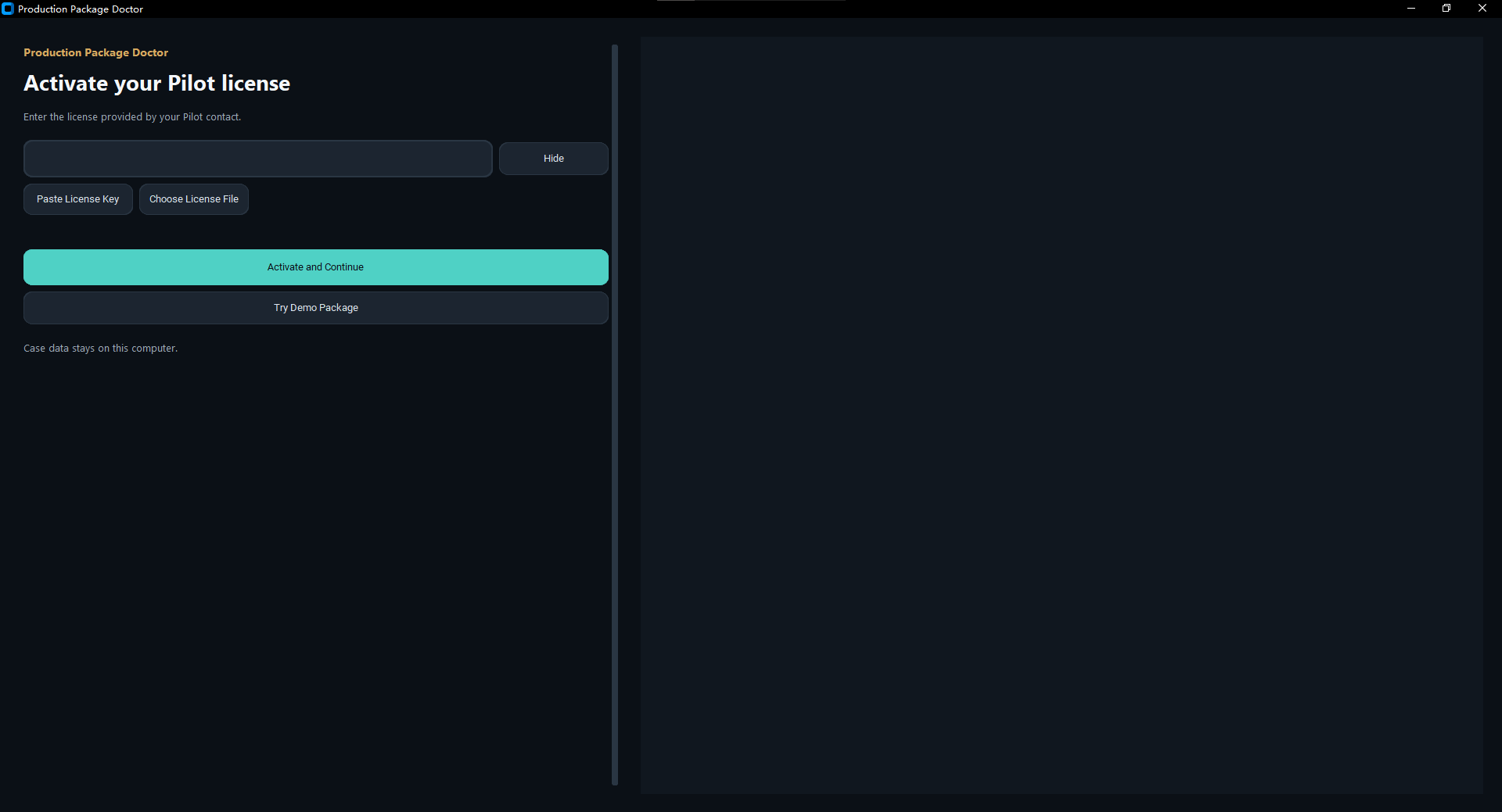 Production Package Doctor activation screen with an empty license key field.