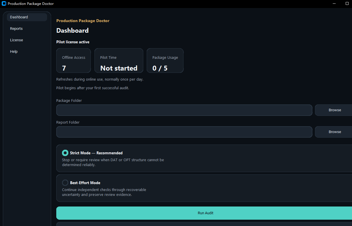 Production Package Doctor dashboard before the first real-package audit.