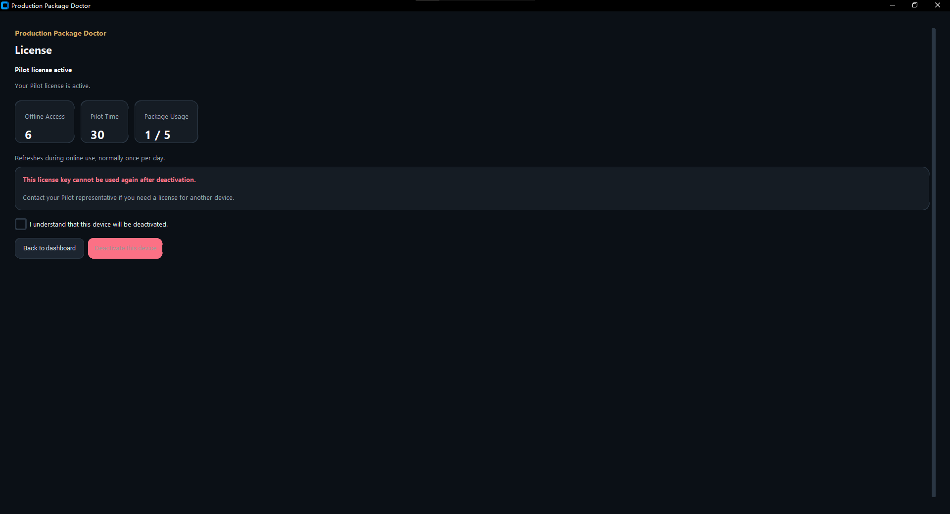 Production Package Doctor license status screen with credentials and identifiers hidden.